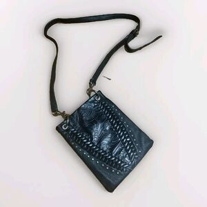 P&G Crossbody Handbag Mini Black‎ Biker Hippie Faux Leather Studded Embossed